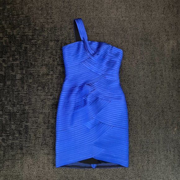 BCBG MAXAZRIA Blue Sapphire One Shoulder Bandage Mini Dress Size 8 - Picture 2 of 8